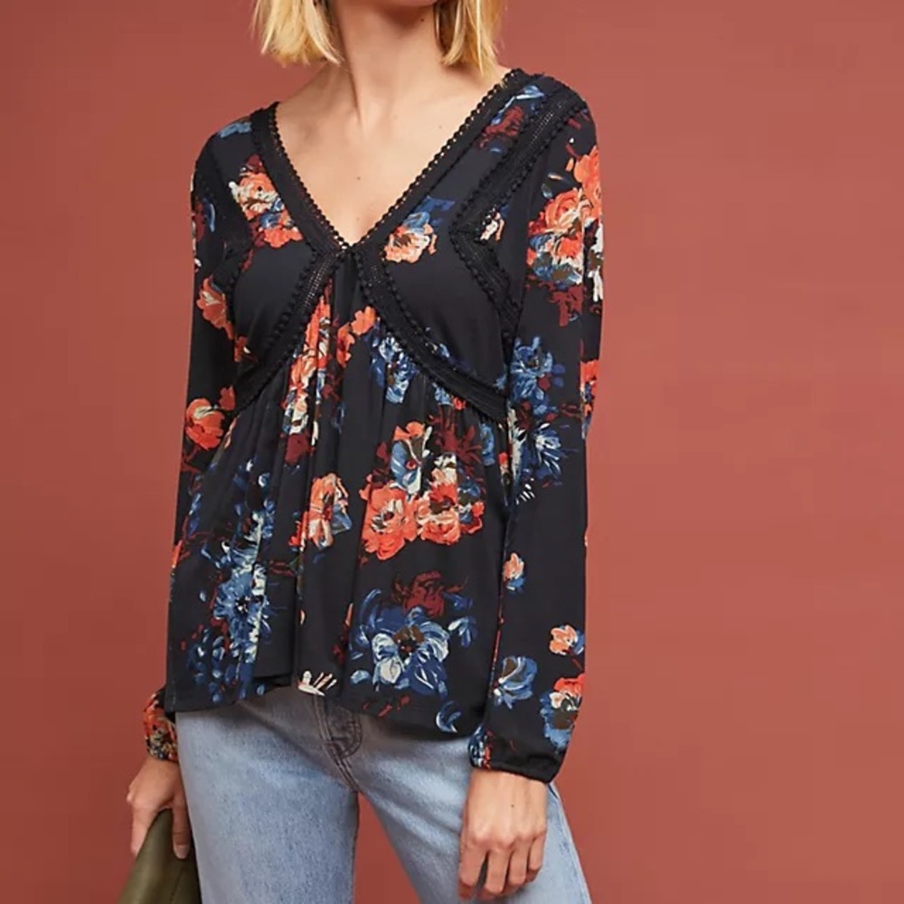Maeve Black and Orange Tie Front Blouse